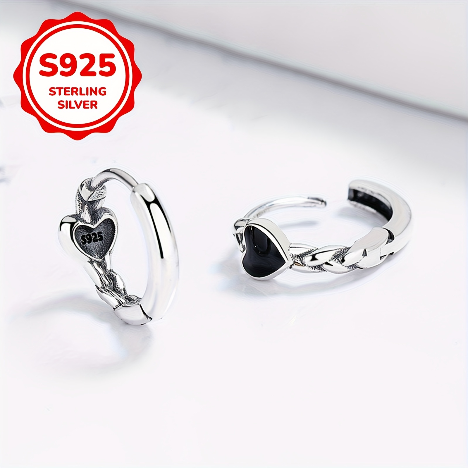 Women's 2pc S925 Silver Black Heart Stud Earrings, Versatile Gift